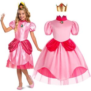 Super Mario Princess Peach Cosplay Cosplay Rosa prinsessklänning med krone for barn Flickor Klä op til Halloween-fødelsedagsfest 9-10 Years