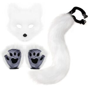 Kunstpels Rævehale Kat Ulv Cosplay Kostume Sæt Plys Mask Fluffy Paw Handsker Halloween Jul White