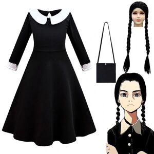 This Is My Happy Face Onsdagskostume Morticia Printing Dress Piger Piger Vintage Gothic Outfits Halloween Rollespil Tøj Dress bag wig 6T(130)