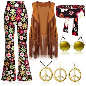 70'er Hippie Party Retro Kostume Kvast Vest+bukser+tørklæde Kostume sort S