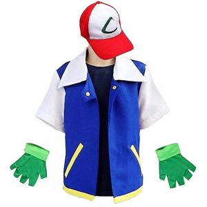 Mænd Animetræner Kostume Drenge Ash Ketchum Voksen Cosplay Til Piger Halloween Blå Jakke Kasket og Handsker Sæt Kid 150