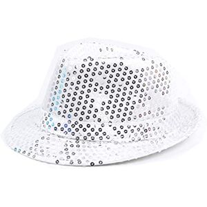 Chapeau à Paillettes pour Adulte Enfant Chapeau Fedora Brillante Chapeau Jazz Tenue Disco Danse Sequin Trilby Hat pour Carnaval, Costume, Fête à Thème, Cosplay (Blanc, M: 58cm) - Publicité