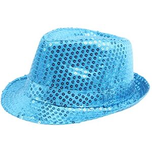 Chapeau à Paillettes pour Adulte Enfant Chapeau Fedora Brillante Chapeau Jazz Tenue Disco Danse Sequin Trilby Hat pour Carnaval, Costume, Fête à Thème, Cosplay (Bleu, M: 58cm) - Publicité