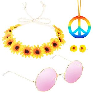 HOWAF 4 Pièces Ensemble de Costume Hippie, Collier de Signe de Paix Boucles d'oreilles, Bandeau de Tournesol et Lunettes Hippie Roses, Deguisement Hippie Accessoires de Fête 60s 70s Femme - Publicité