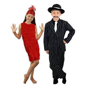 I LOVE FANCY DRESS Déguisement pour enfant de couple gangster style Charleston avec filles robe à franges rouge + bandeau. M. et garcons chapeau + veste + pantalon + cravate. L - Publicité