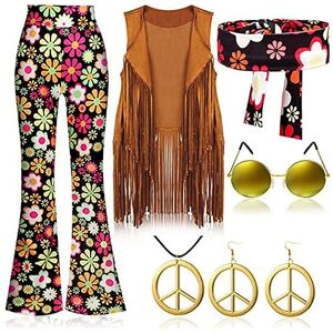 AMMICCO Costume Hippie Femme Discothèque Deguisement Hippie Pantalon Année 70 Hippie Femme Costume Halloween Carnaval Tenue 60S 70S Dames Adulte Filles (M, F) - Publicité