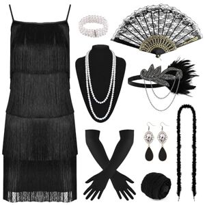 PLULON Années 1920 Robe Gatsby à Franges et Perles à Paillettes avec Ensemble d'accessoires des Années 20 Costumes Rugissants des Années 20 pour Femmes (Black, Medium) - Publicité