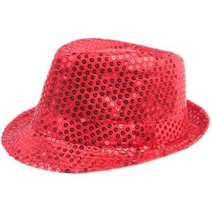 Chapeau à Paillettes pour Adulte Enfant Chapeau Fedora Brillante Chapeau Jazz Tenue Disco Danse Sequin Trilby Hat pour Carnaval, Costume, Fête à Thème, Cosplay (Rouge, S: 54cm) - Publicité