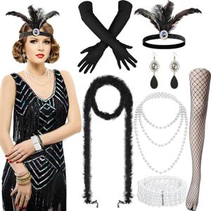 Hestya 9 Pcs Ensemble de Costume Flapper Robe à Frange et Paillettes avec Accessoire des Années 20 pour Femme Halloween (L) - Publicité