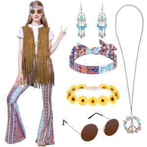 Antsparty Costumes Hippie Tenues pour Femme, Déguisement Hippie Femme Kit Accessoire Gilet à Franges Sans Manches, Deguisement Hippie Femme Annee 70 Disco pour Carnaval Halloween - Publicité