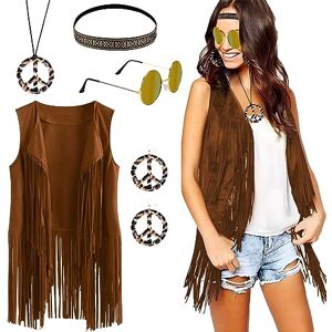 BIQIQI Costumes Hippie Femme Annee 70 Deguisement Hippie Gilet à Franges Sans Manches Lunettes de Soleil Bandeau Collier Boucles D'oreilles Deguisement Disco Femme pour Carnaval Halloween (S) - Publicité