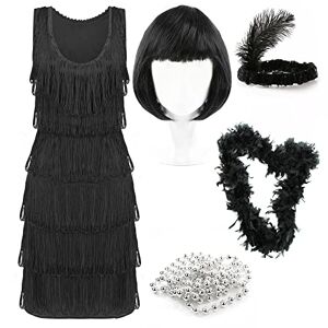 I LOVE FANCY DRESS Costume de luxe années 20 pour femme Robe à franges noire avec plumes et paillettes assorties Taille XXL - Publicité