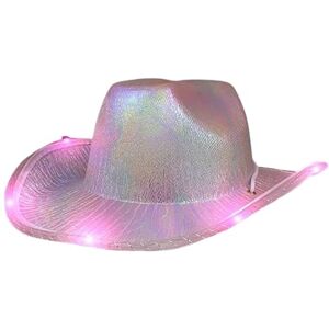 LEEMASING Chapeau de cowboy unisexe à bord LED clignotant, chapeau lumineux amusant pour mariage, bal, fête d'anniversaire, Halloween, Noël, cosplay (rose) - Publicité