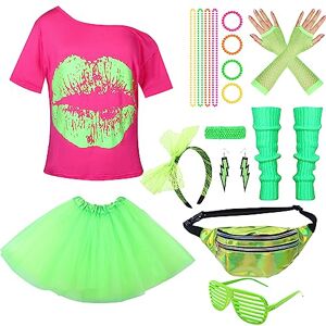 Ulikey Deguisement Annee 80 Femme, Tenue Annee 80 et 90 Femme, Déguisement  Fluo T-Shirt en Maille, Débardeur, Bandeau, Boucle