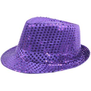 Chapeau à Paillettes pour Adulte Enfant Chapeau Fedora Brillante Chapeau Jazz Tenue Disco Danse Sequin Trilby Hat pour Carnaval, Costume, Fête à Thème, Cosplay (Violet, M: 58cm) - Publicité