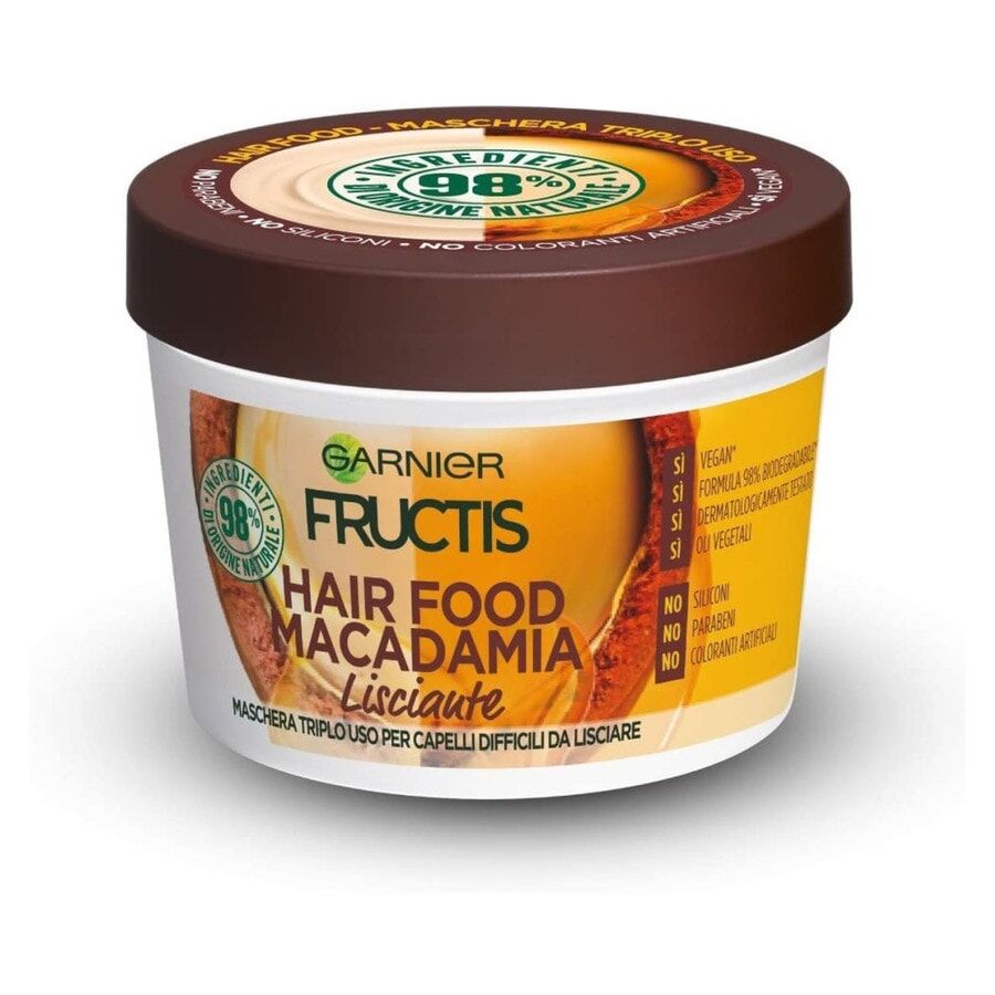 Garnier Fructis Hair Food, Maschera disciplinante 3in1 con formula vegana per capelli difficili da lisciare, Macadamia Maschera Capelli 390ml