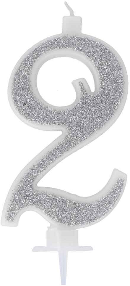 Graziano Candelina Compleanno Numeri 2 Due In Cera Glitter Argento H 13 Cm