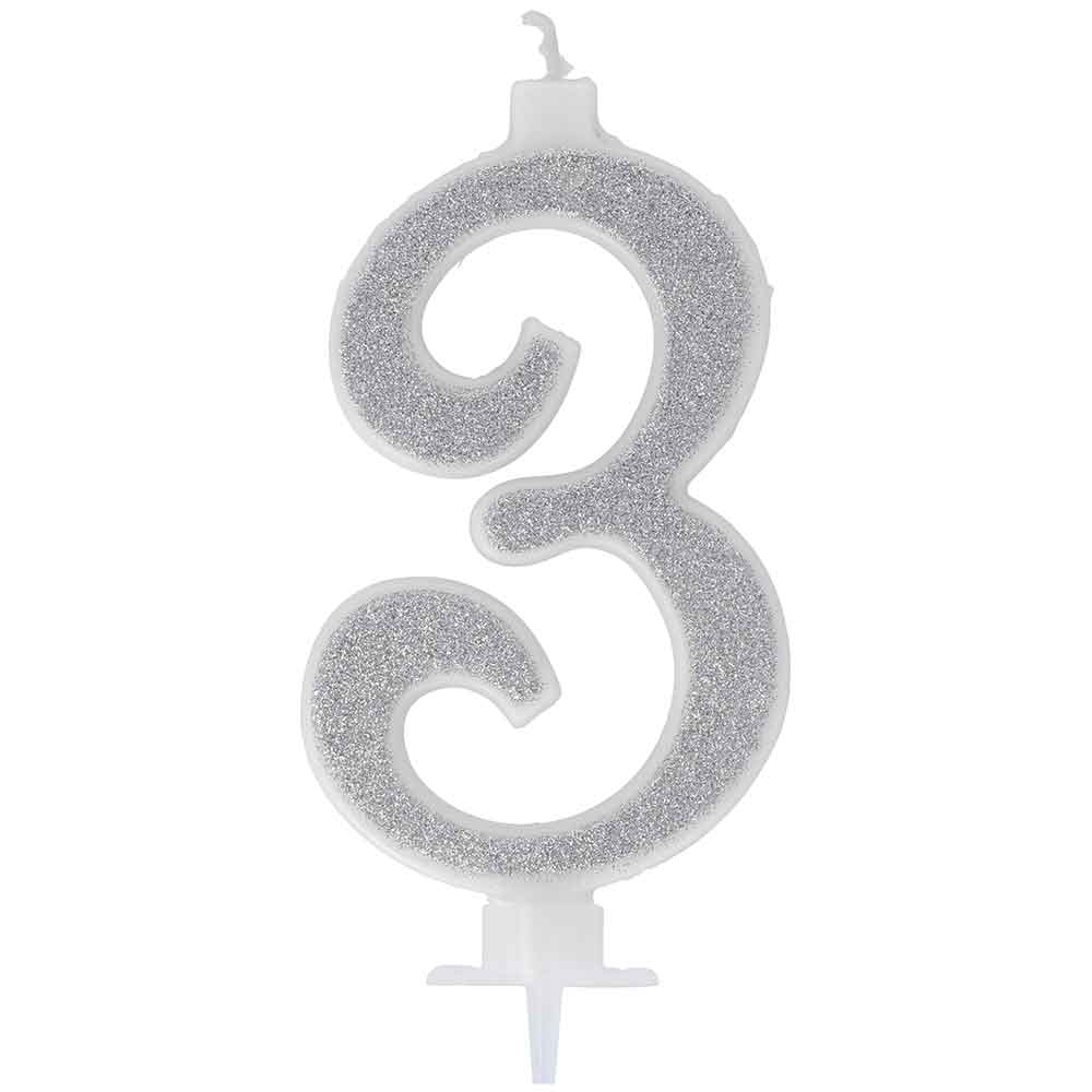 Graziano Candelina Compleanno Numero 3 Tre In Cera Glitter Argento H 13 Cm