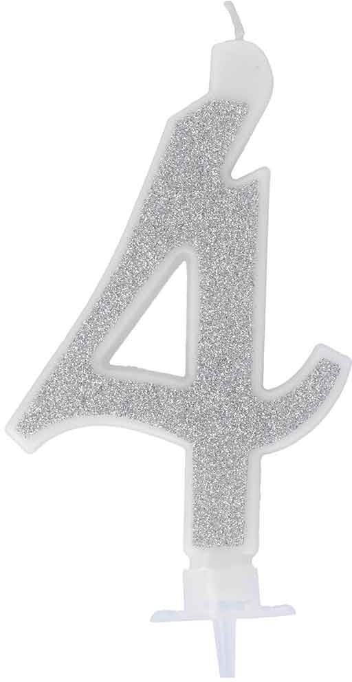 Graziano Candelina Compleanno Numero 4 Quattro In Cera Glitter Argento H 13 Cm