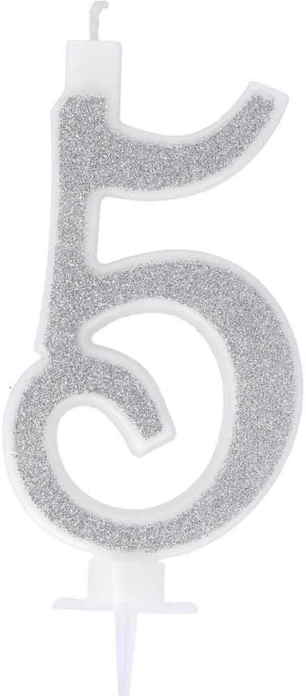 Graziano Candelina Compleanno Numero 5 Cinque In Cera Glitter Argento H 13 Cm