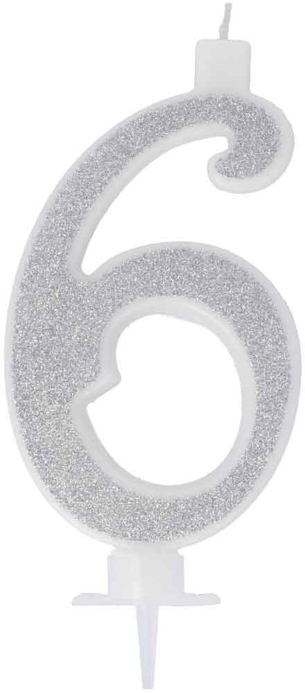 Graziano Candelina Compleanno Numero 6 Sei In Cera Glitter Argento H 13 Cm