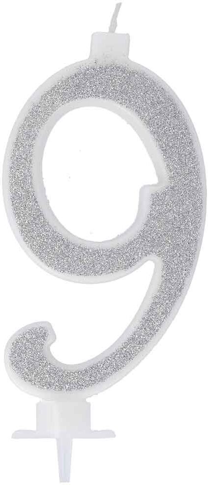 Graziano Candelina Compleanno Numero 9 Nove In Cera Glitter Argento H 13 Cm