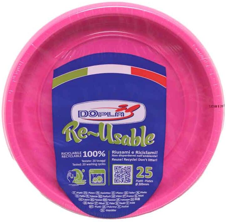 25 Scodelle Piatti Fondi Di Plastica Lavabili Riutilizzabili Fucsia Ø20,5 Cm Dopla