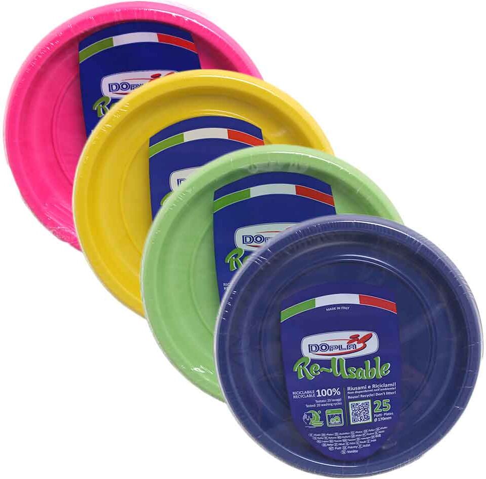 25 Piattini Di Plastica Riutilizzabili E Lavabili Colorati Ø17 Cm Dopla