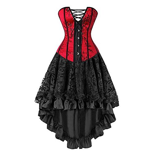 Kelvry Baskische gothic kanten korsetten en steampunk-bustiers-jurk met rok voor dames, grote maten, Rood-Zwart, 16-18