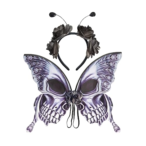 Vansza Halloween vlindervleugels, zwarte skeletvleugels, vlindervleugels voor vrouwen en volwassenen, halloweenkostuums voor volwassenen, met hoofdband