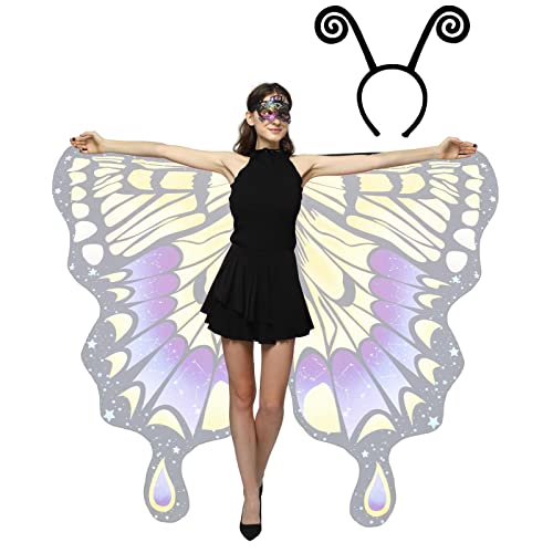 Virtcooy Vlindervleugels sjaal, vrouwen vlindervleugels kostuum Halloween vlindervleugels volwassenen kostuum Kleurrijke vlindervleugels met masker en antennehoofdband voor dames, volwassenen