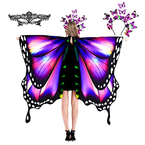 plainshe Vlindervleugels voor volwassenen, vlindervleugels, vlindercape, Halloween vlindervleugels voor vrouwen, 3 stuks feeënsjaalset.