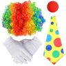 KHIRY 4-Delig Clown Kostuum Accessoire, Regenboog Pruik Clown, Krullende Pruik Clown, Clown Kostuum Accessoires, Clown Krullende Pruik + Clown Neus + Gekleurde Stropdas + Handschoenen