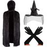 REDSTAR FANCY DRESS Heksenkostuum dames 3-delige set met zwarte fluwelen cape zwarte handschoenen en kanten heksenhoed heksenset Halloween heksenkostuum glamour heksenkostuum heksenhoed volwassen