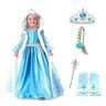 KIRALOVE Maat 140 7/8 jaar elsa kostuum kap kroon toverstokje handschoenen vlecht meisje blauwe kleur carnaval halloween prinses frozen