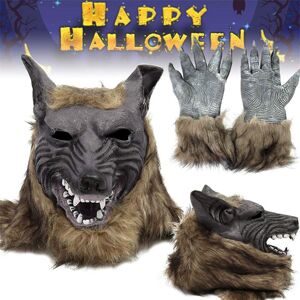 SHEIN 1set Halloween Latex Rubber Wolf Head Hair Mask Werewolf Gloves Costume Party Scary Decor Multicolor one-size