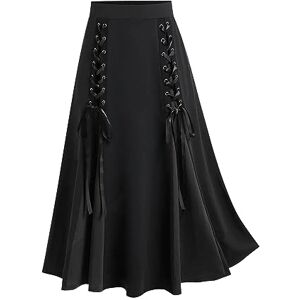 2023 Halloween Big Promotion Womens Victorian Skirt High Waist Medieval Maxi Skirt Ladies Gothic Pleated Skirt Fancy Dress Vintage Steampunk Skirts, Halloween Party Costume Lace Up A-line Skirts Goth Dress for Women UK Black