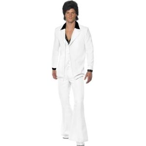 Smiffys 70s Suit Costume, White Jacket with Mock Shirt, Waistcoat & Trousers, 1970's Disco Fancy Dress, 1970s Dress Up Costumes