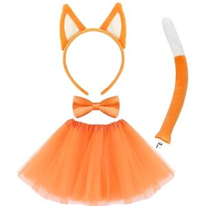 EWRGIJ Dog Ear Headband Skirt Set, 4Pcs Include Orange Ears Headband,Tutu Skirts, Bow Ties, Tails Cute Puppy Costume Accessories Cosplay Themed Party For Halloween Carnival Adult Kid Girls