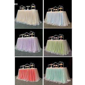 EILJSF 10FT*77CM Star Sequin Mesh Fluffy Tutu Tulle Table Skirt With Table Cloth Satin Pleated Chiffon Table Skirt Wedding For Baby Shower
