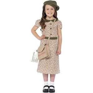 Smiffys Evacuee Girl Costume, Patterned with Dress, Satchel, ID Tag & Beret, Girls Fancy Dress, 1940s Dress Up Costumes