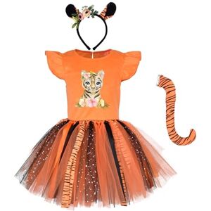 MODRYER Girls Tiger Dresses With Headgear Tail Animal Themed Cosplay Costume Halloween Novelty Suits Zoo Party Child Fancy Dress Suit Carnival Outfits,Orange-8T