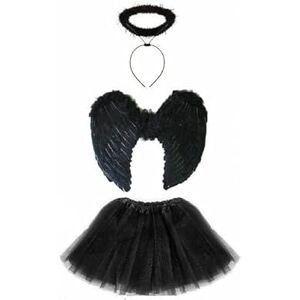 Lizzy Kids Animal Ear Set Tutu Costume School Book day week Nativity Angel Fairy Wings Fancy Dress Party Outfit Skirt Accessories Kit (Dark Angel Wings Halo Tutu Costume - Black)