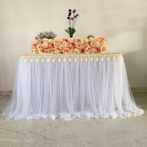 EILJSF 300 * 77CM Mesh Fluffy Tutu Tulle Table Skirt Chiffon Table Skirt With Tassel Wedding For Baby Shower Party Ruffle Pleated Table Skirt