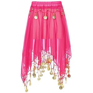 CHICTRY Kids Girls Belly Dance Skirts with Beads Coins Party Layered Irregular Hem Dancing Chiffon Skirt Performance Costume Hot Pink 3-8 Years