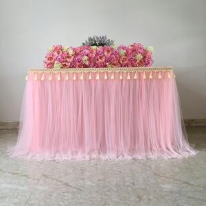 JTZYM 300 * 77CM Mesh Fluffy Tutu Tulle Table Skirt Chiffon Table Skirt With Tassel Wedding For Baby Shower Party Ruffle Pleated Table Skirt