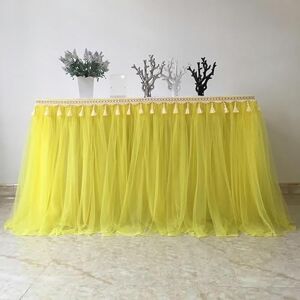 EILJSF 300 * 77CM Mesh Fluffy Tutu Tulle Table Skirt Chiffon Table Skirt With Tassel Wedding For Baby Shower Party Ruffle Pleated Table Skirt