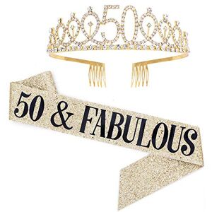 Leixi 50 and Fabulous Sash & Rhinestone Tiara Set - 50th Birthday Gifts Birthday Sash for Women Birthday Party Supplies (Gold)