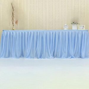 EILJSF 9FT Light Blue 3 Layer Mesh Fluffy Tutu Tulle Table Skirt Chiffon Table Skirt Wedding For Baby Shower Party Ruffle Pleated Table Skirt