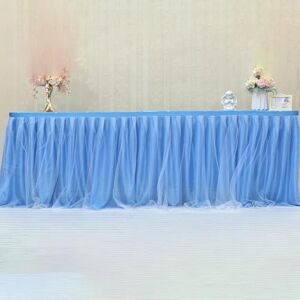 JTZYM 9FT Light Blue 3 Layer Mesh Fluffy Tutu Tulle Table Skirt Chiffon Table Skirt Wedding For Baby Shower Party Ruffle Pleated Table Skirt